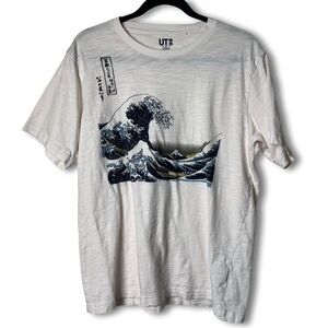 UNIQLO UT Unisex Hokusai Blue Great Wave Graphic Tee Off White Pink Tint Sz. XL